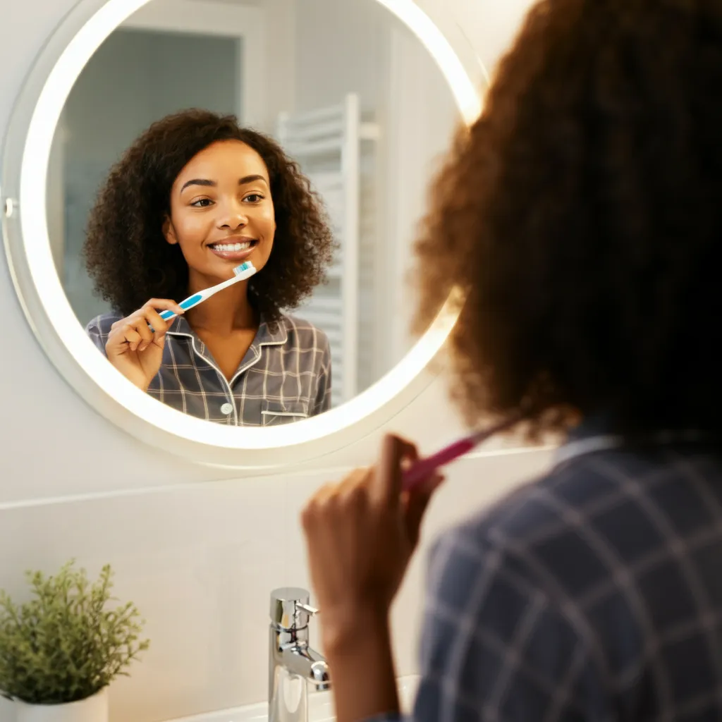 Smiling person demonstrating good oral hygiene practices, representing the connection between mental wellbeing and dental care.