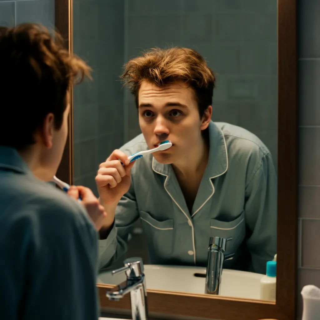 Person brushing their teeth, representing the importance of maintaining oral hygiene during depression.