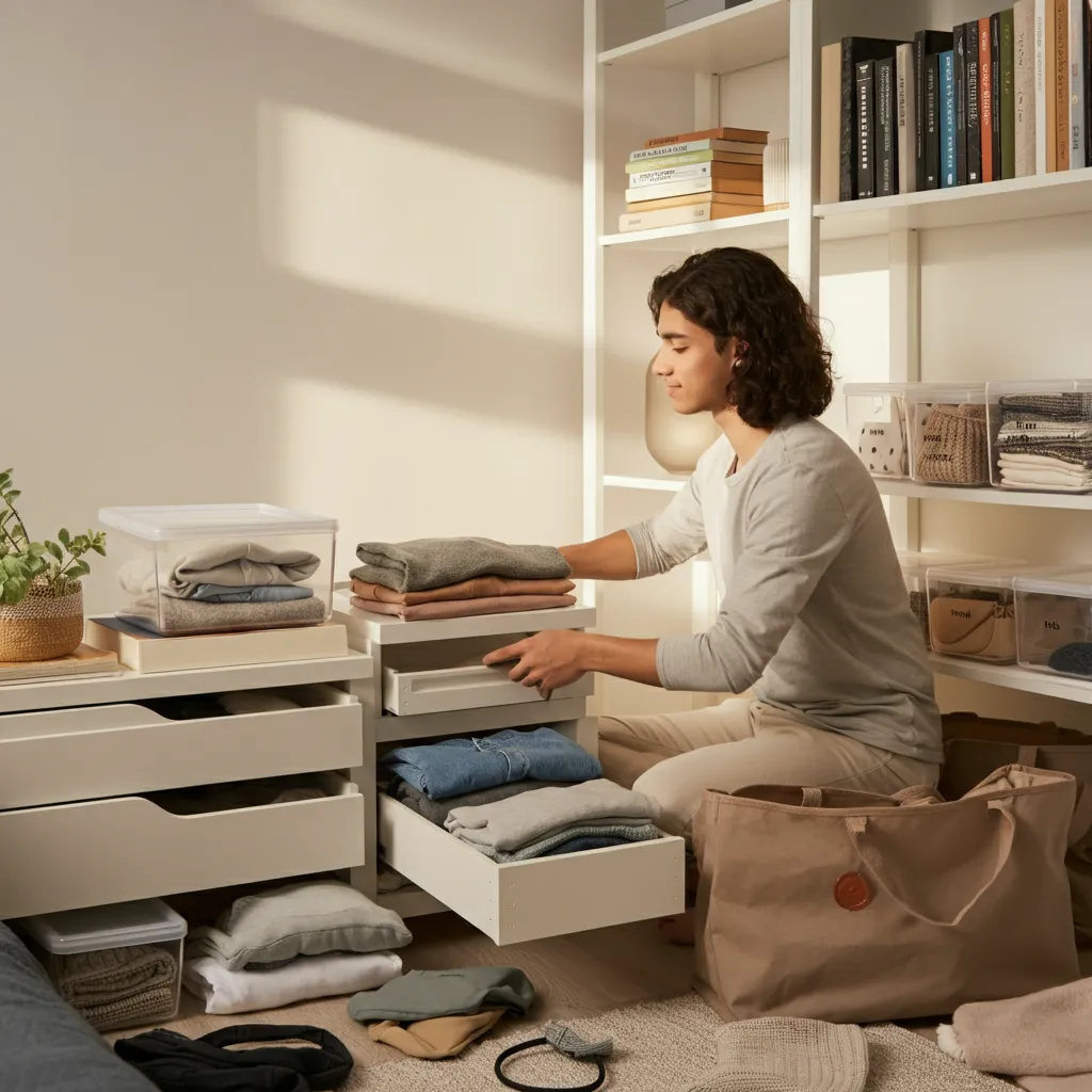 Organized bedroom with clothes neatly folded in drawers, books on shelves, and personal items stored in labeled containers.