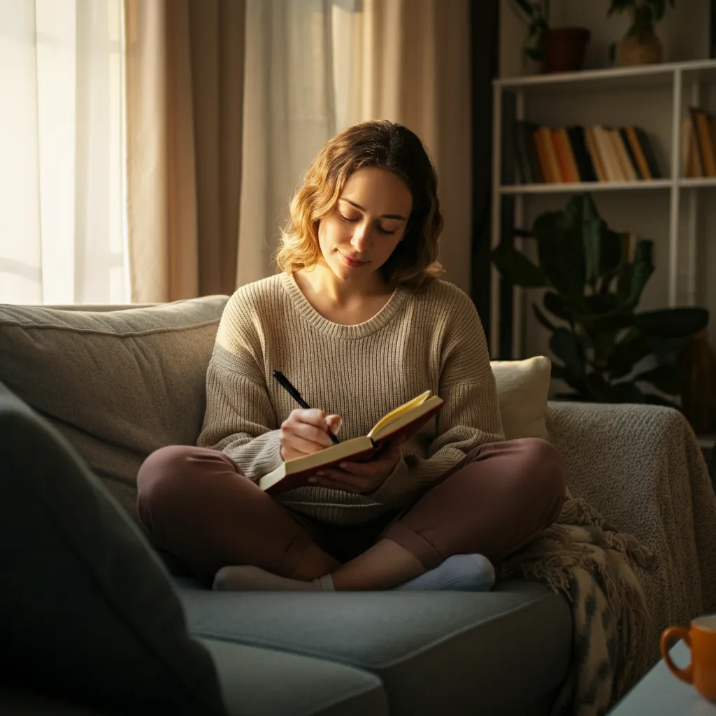 Person writing SMART goals in a journal, symbolizing taking control of anxiety and improving mental wellness.