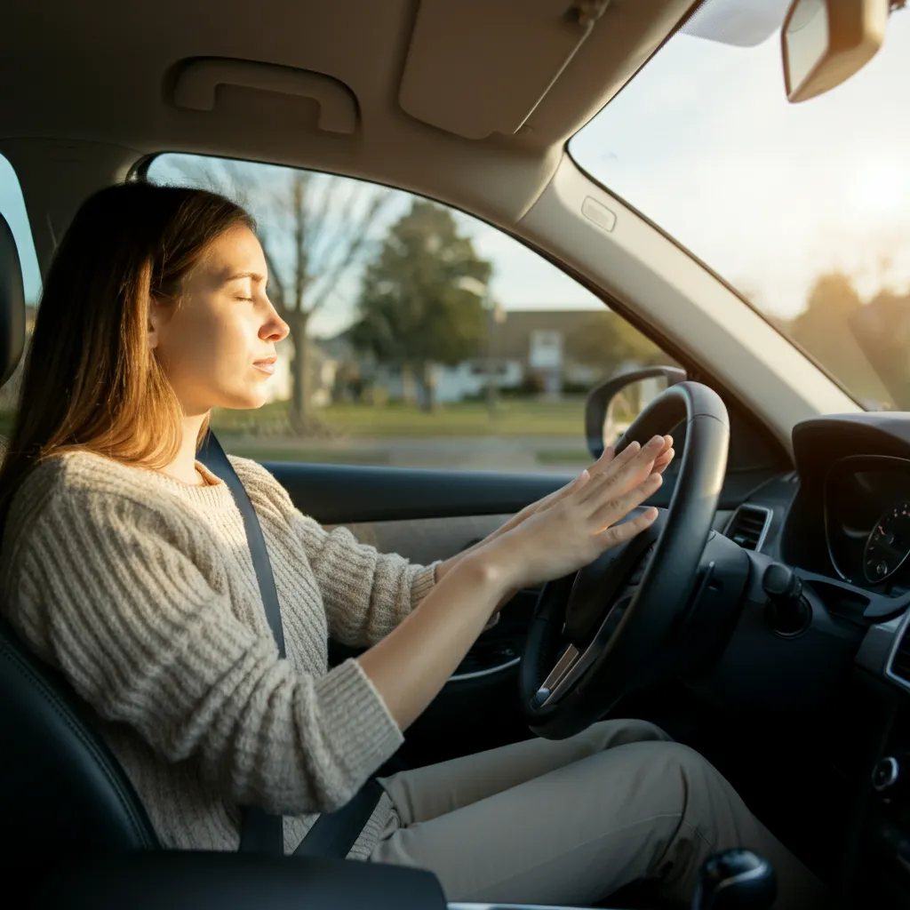 Person calmly driving a car, representing overcoming driving anxiety with therapy and mindfulness techniques.