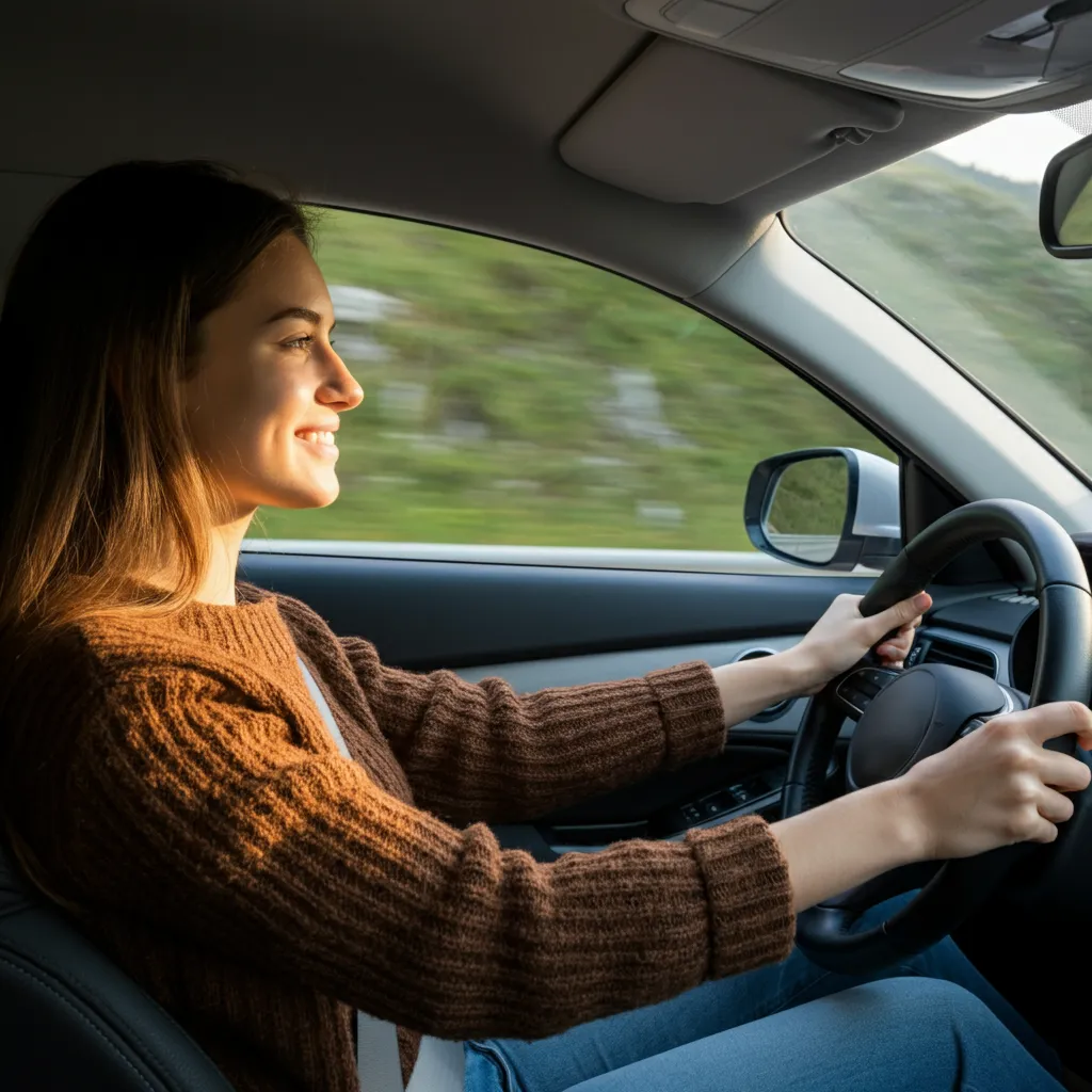 Person calmly driving a car, symbolizing overcoming driving anxiety and regaining confidence on the road.