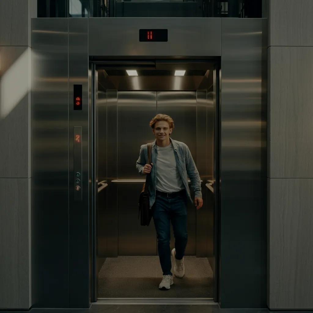 Person confidently stepping into an elevator, symbolizing overcoming fear.