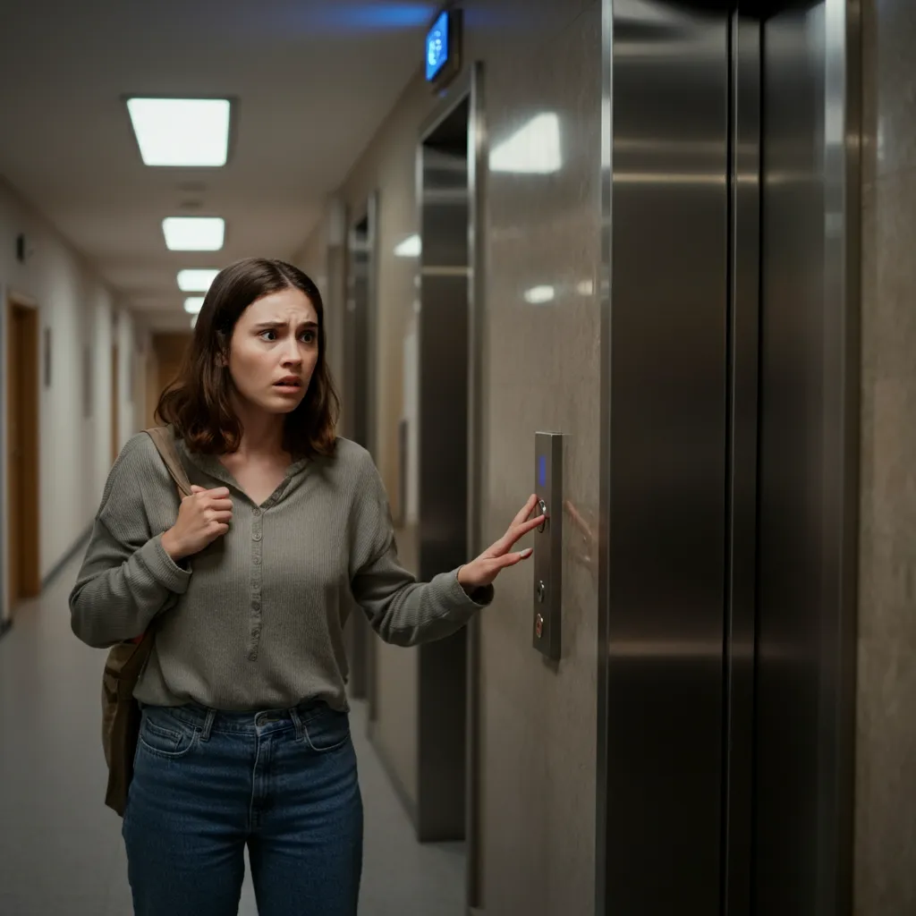 Person reflecting on their fear of elevators, considering common triggers like claustrophobia, acrophobia, loss of control, and social anxiety to understand and overcome their elevator phobia.