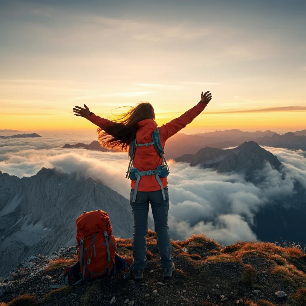 Person standing on a mountain top overlooking a valley, symbolizing overcoming fear and living a courageous life.