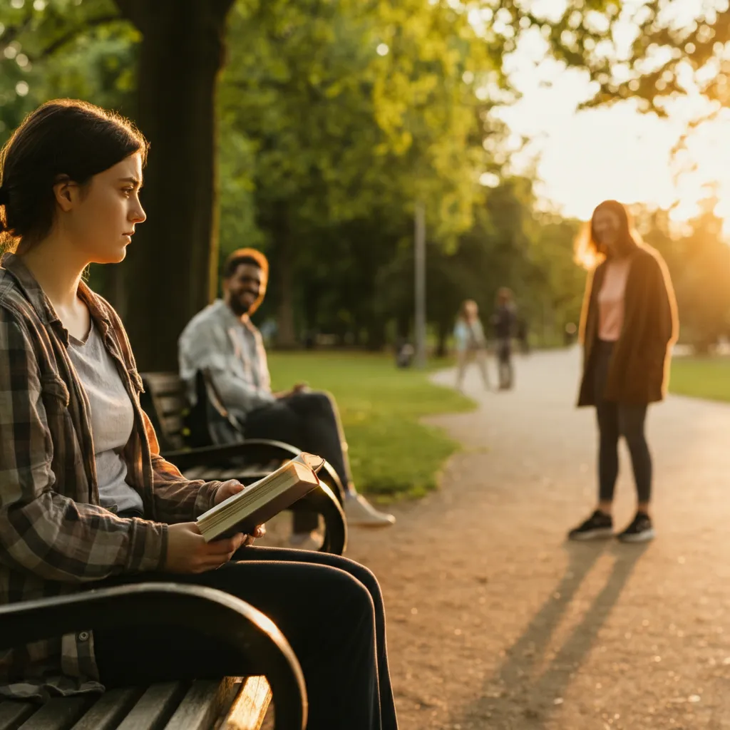 Person overcoming shyness and social anxiety by practicing relaxation techniques and taking small steps to build confidence.