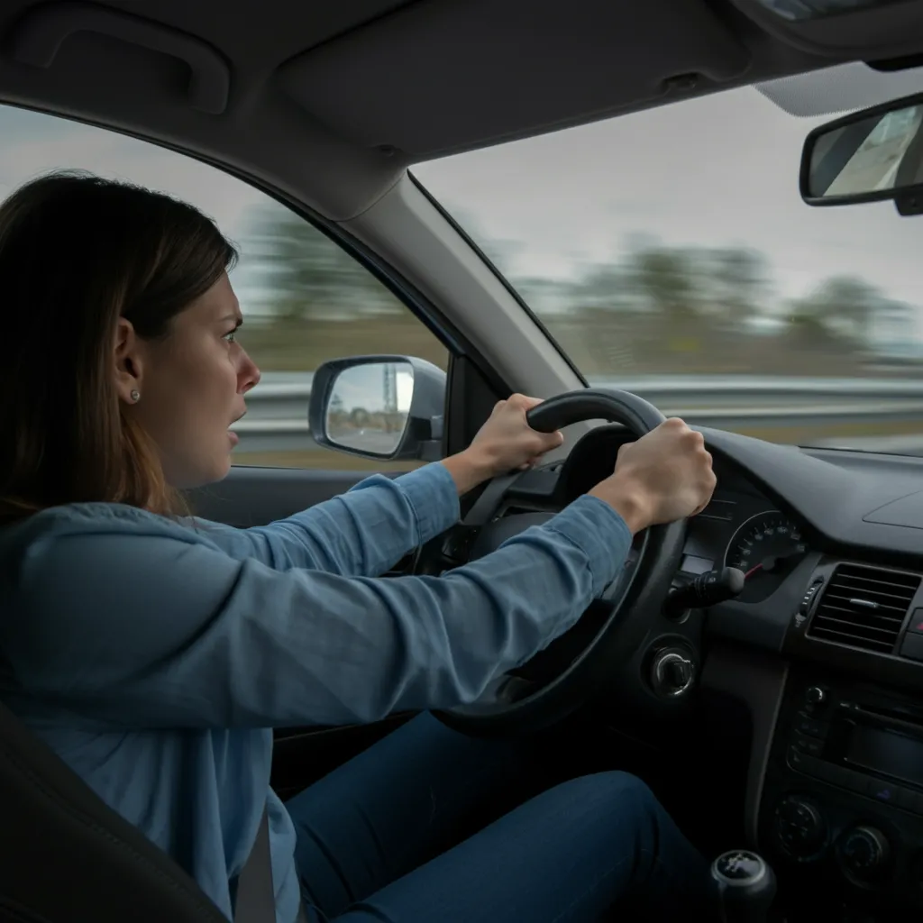 Person experiencing a panic attack while driving, illustrating the challenges of driving anxiety.