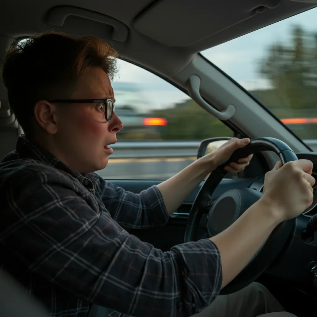 A person experiencing a panic attack while driving, illustrating the challenges of driving anxiety.