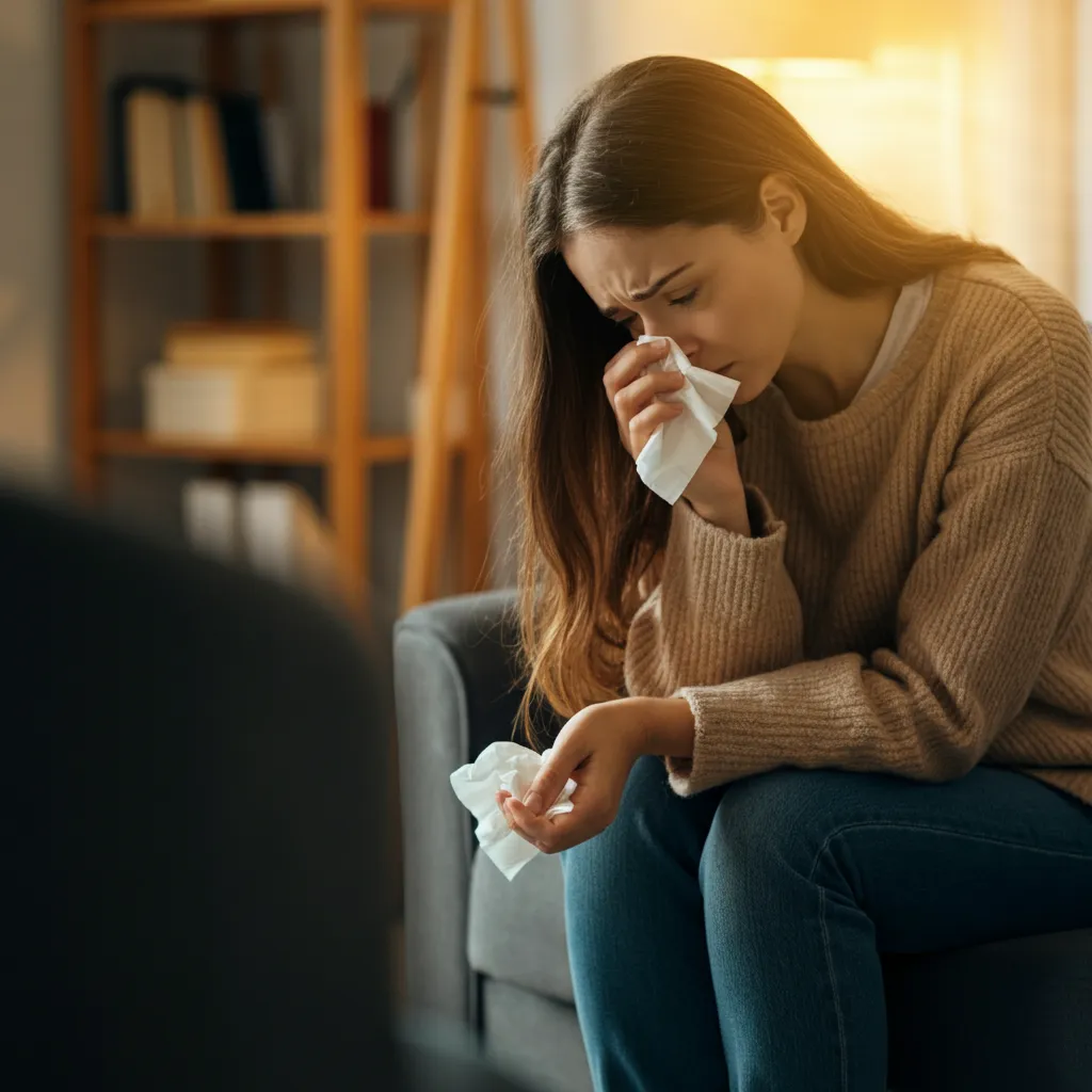 Illustration depicting the impact of parental emotional abuse on a child, including feelings of worthlessness, anxiety, and difficulty trusting others. It also represents the healing process through therapy and support.