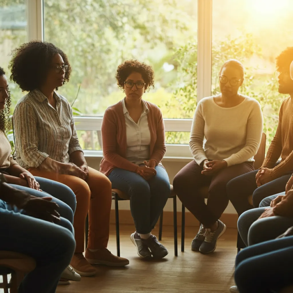 Diverse group of people connecting and supporting each other, symbolizing the power of peer support in building community and improving mental wellbeing.