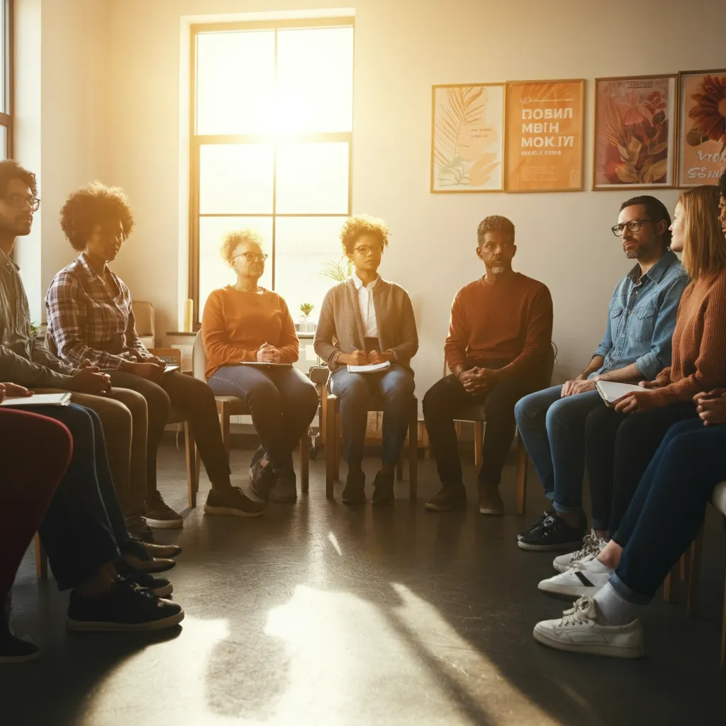 Diverse group of people connecting and supporting each other, symbolizing the positive impact of peer support in building stronger communities and fostering mental wellness.