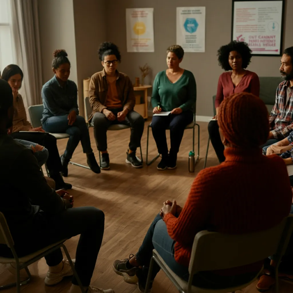 People connecting and supporting each other in a peer support group setting.