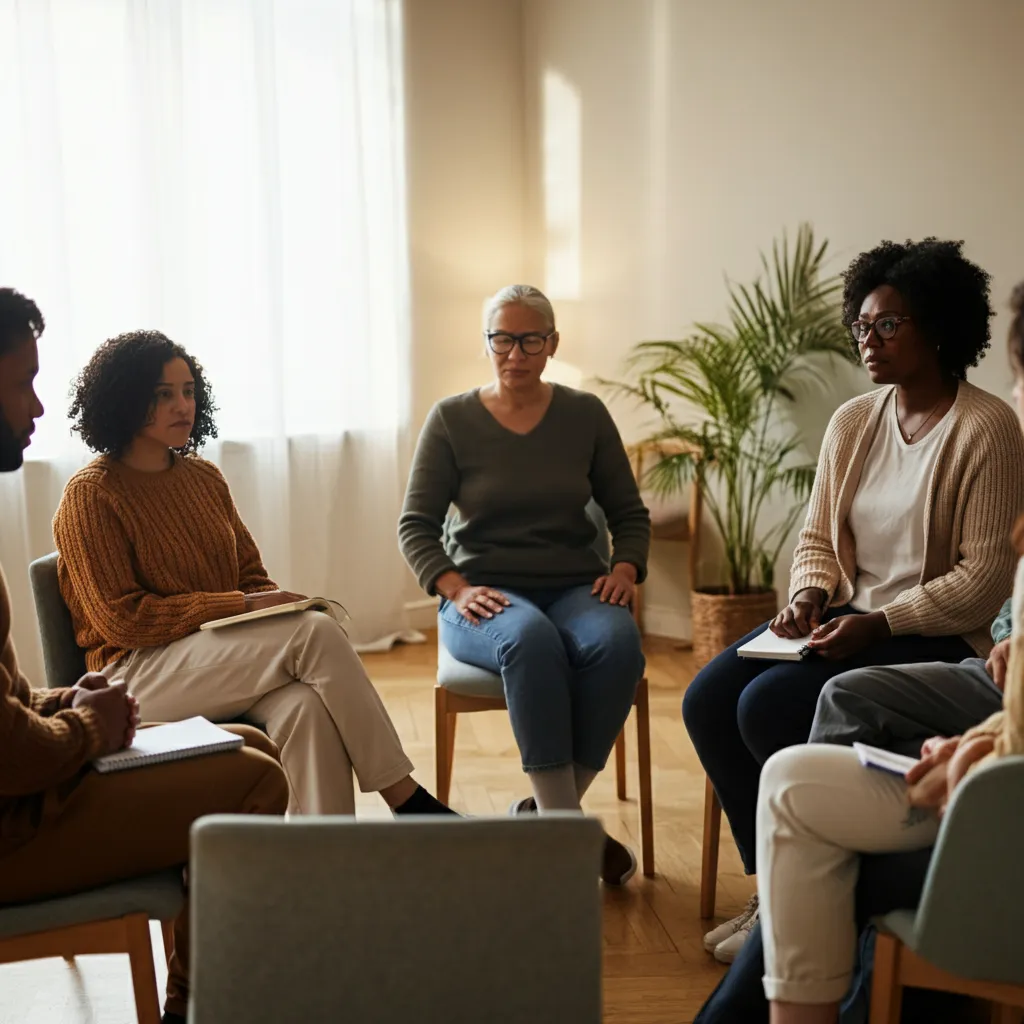 People connecting and supporting each other in a peer support group setting, discussing mental health and wellness.