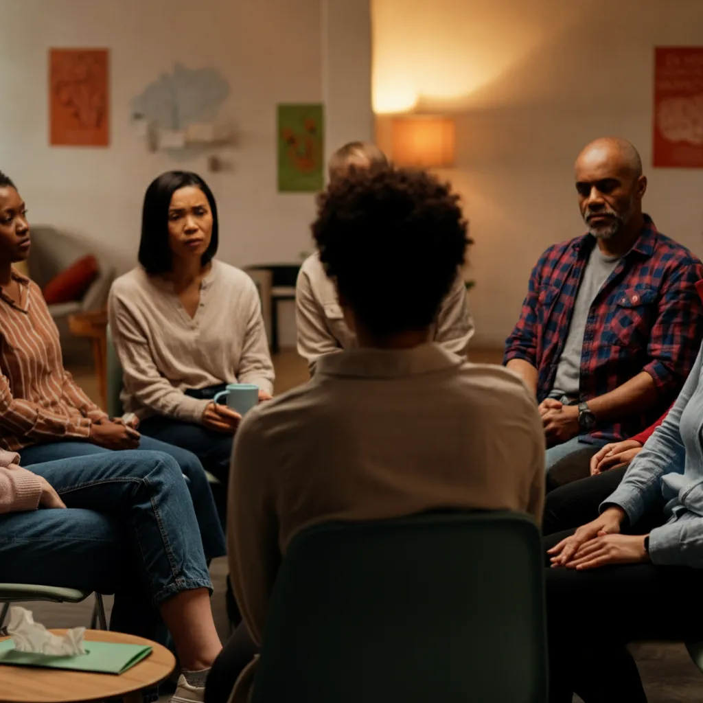 Diverse group of people participating in a peer support meeting, offering mutual understanding and encouragement.