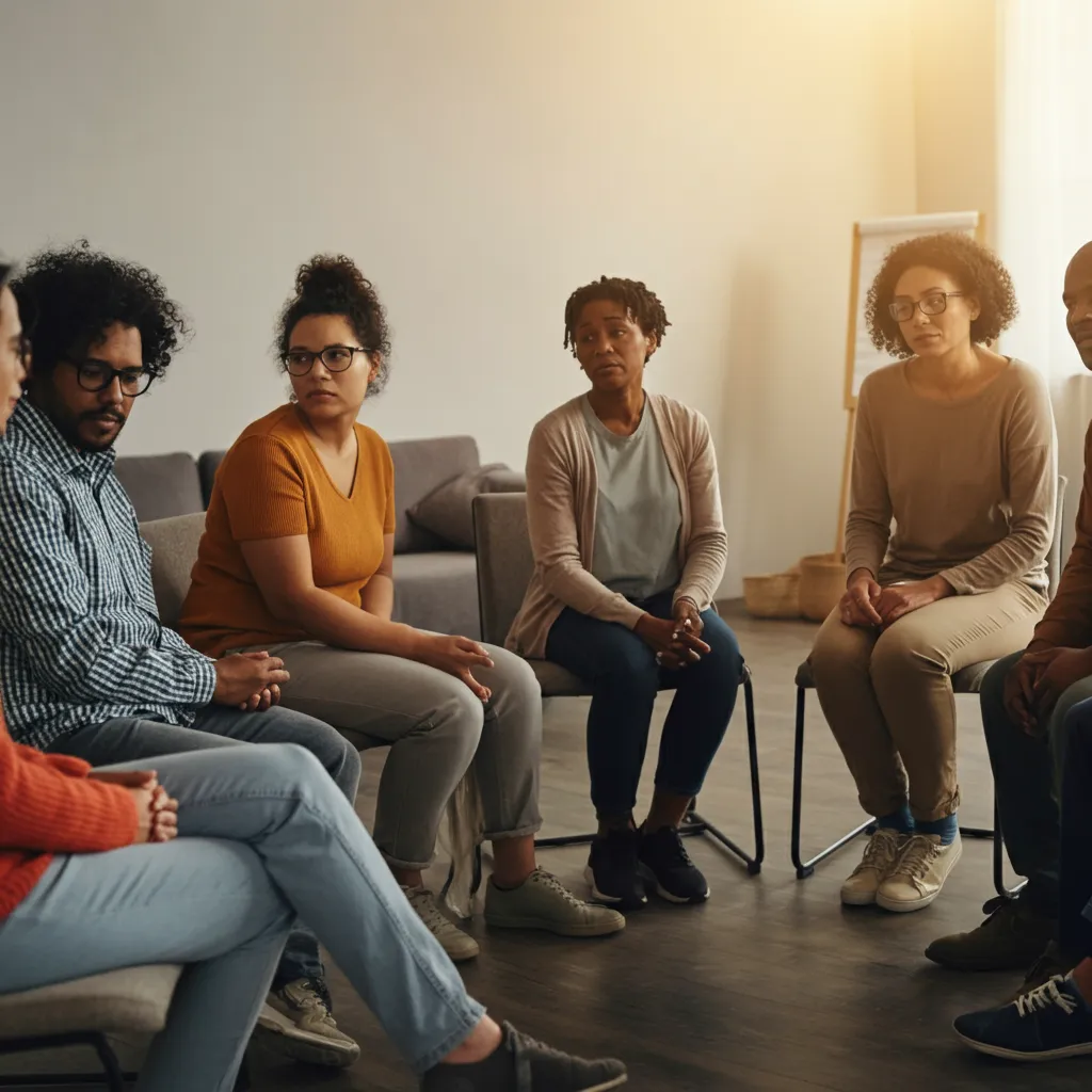 Diverse group of people connecting and supporting each other, symbolizing the power of peer support in mental health recovery.