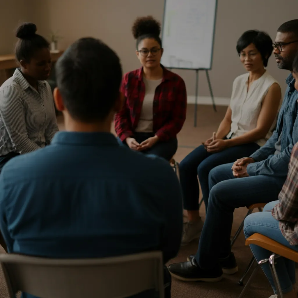 Diverse group of people connecting and supporting each other, representing the power of peer support in mental health recovery.