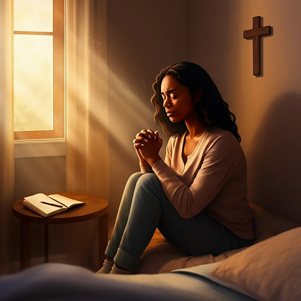 A person finding peace and solace through prayer, demonstrating a personal prayer practice for anxiety relief.