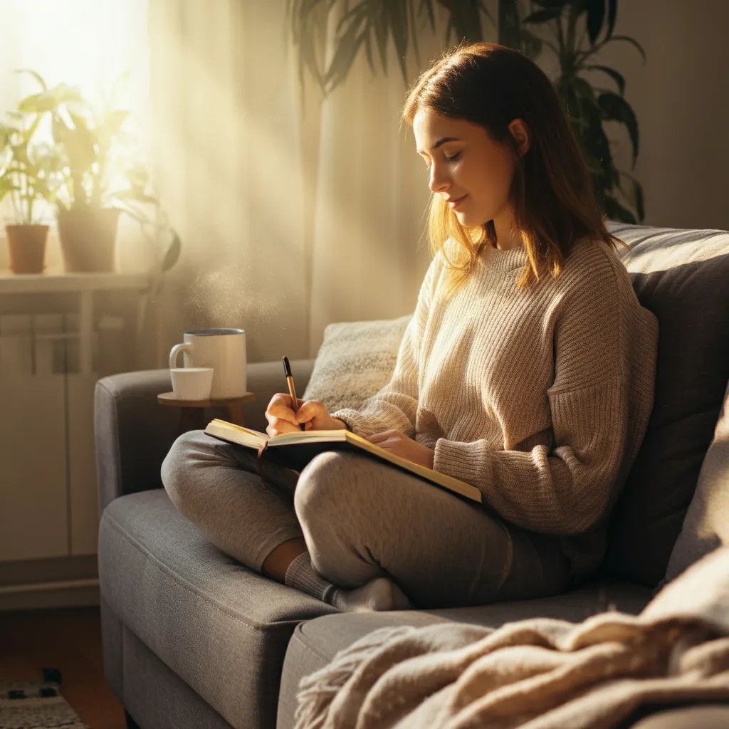 Person creating a personalized depression prevention plan, including identifying warning signs, developing an action plan, building a support network, and establishing a healthy routine.