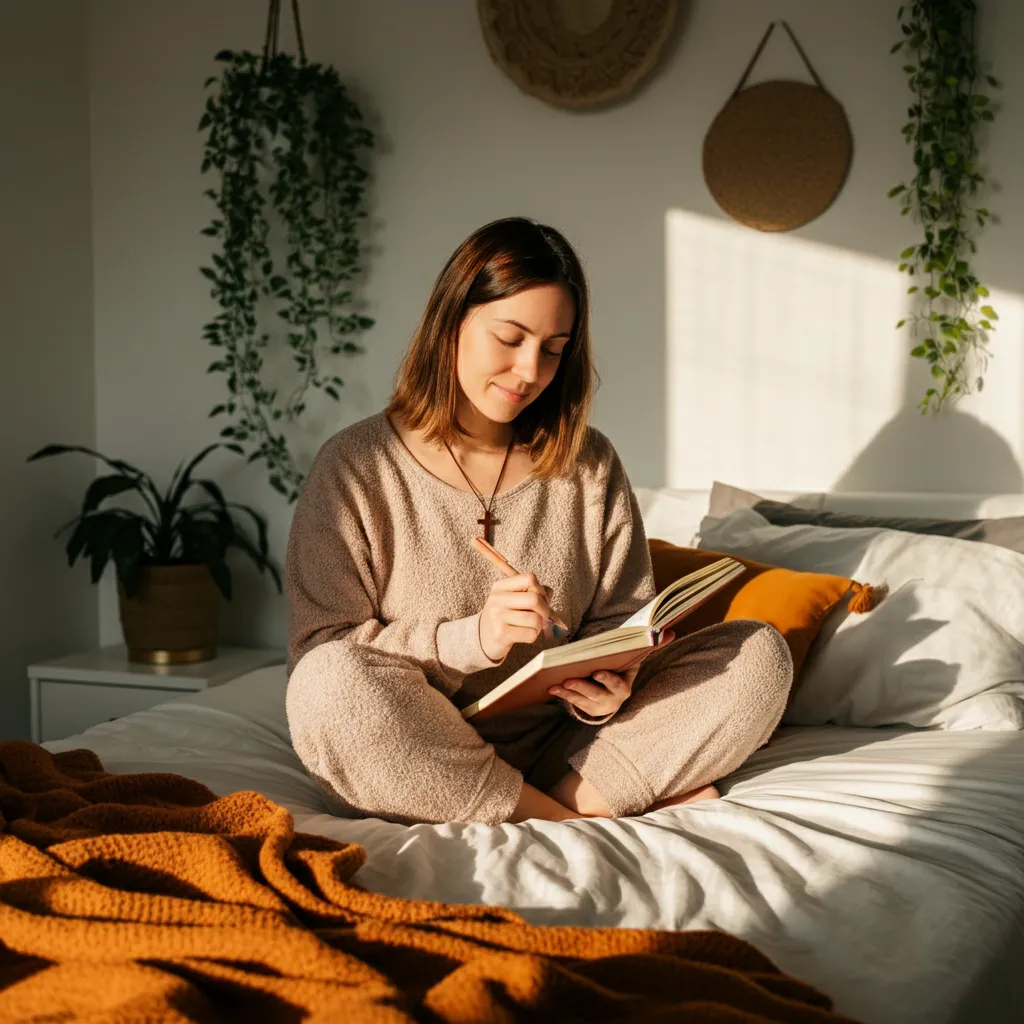 A person finding peace and anxiety relief through a personalized prayer practice in a quiet and calming space.