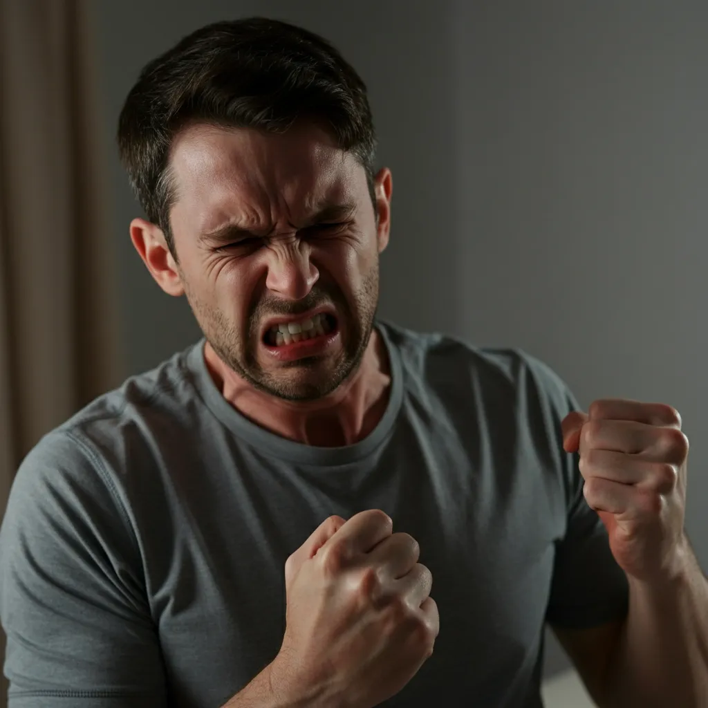 A man experiencing the physical signs of anger, such as clenched fists, rapid heart rate, and muscle tension. Recognizing these signs is the first step towards anger management and improved well-being.