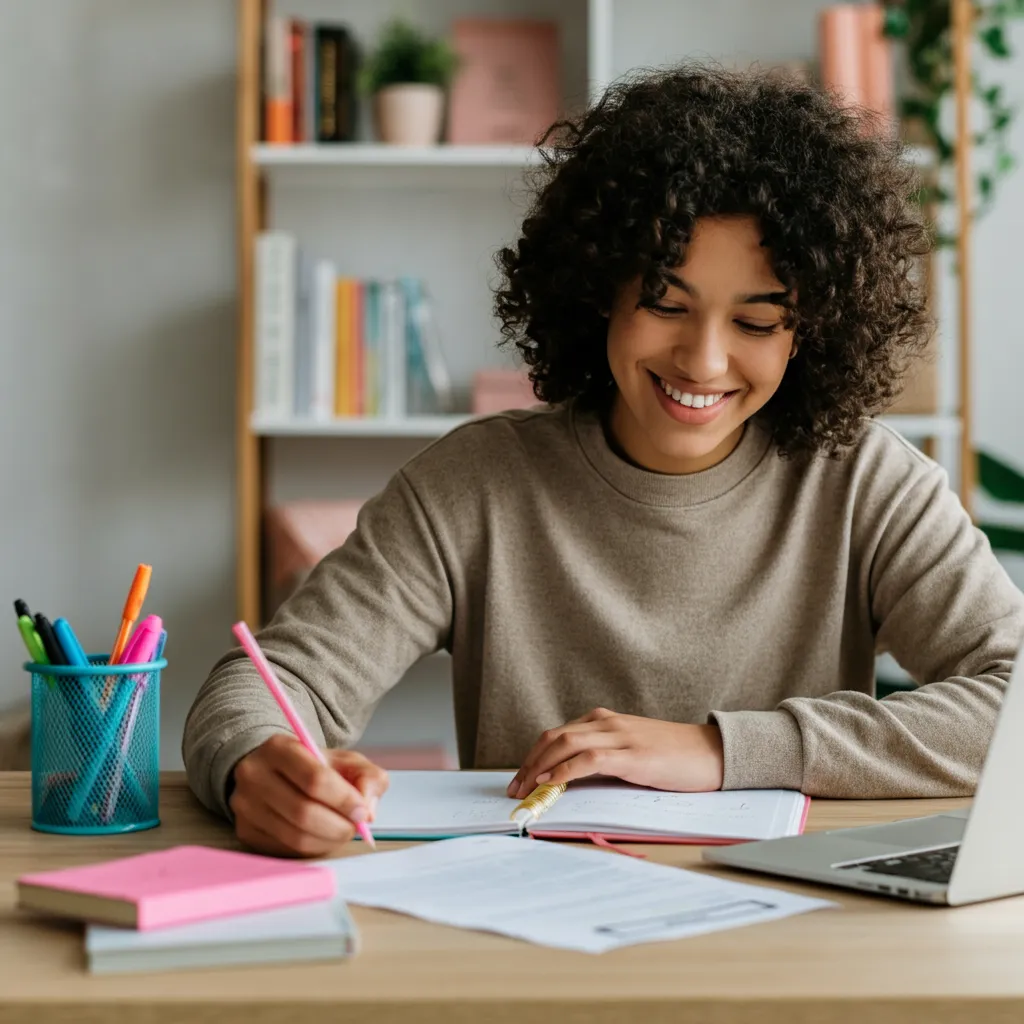 A student with ADHD smiling while doing homework, representing a positive mindset and approach to studying.