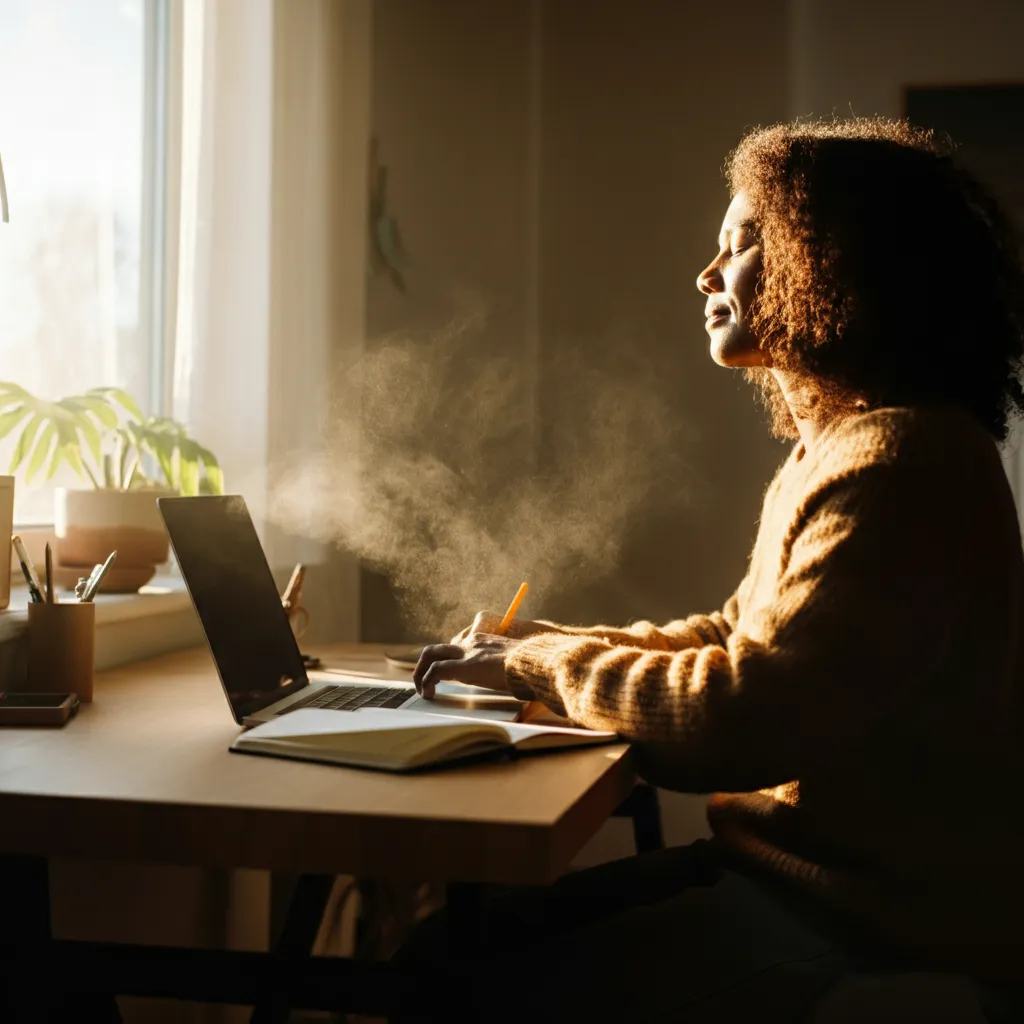 A person smiling confidently while working on a laptop, representing a positive work mindset and effective stress management techniques.