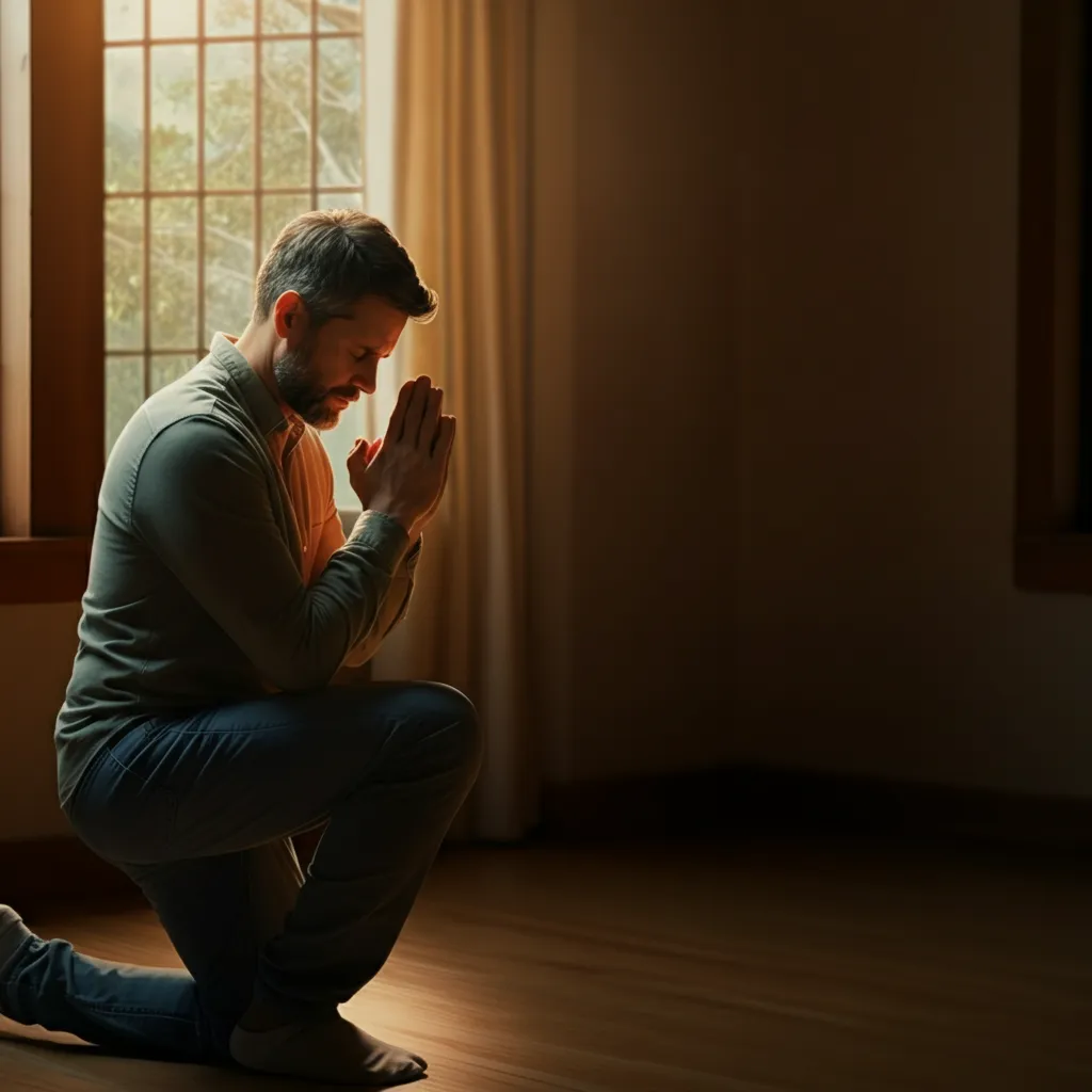 Person praying, finding strength and healing from addiction through faith and prayer.