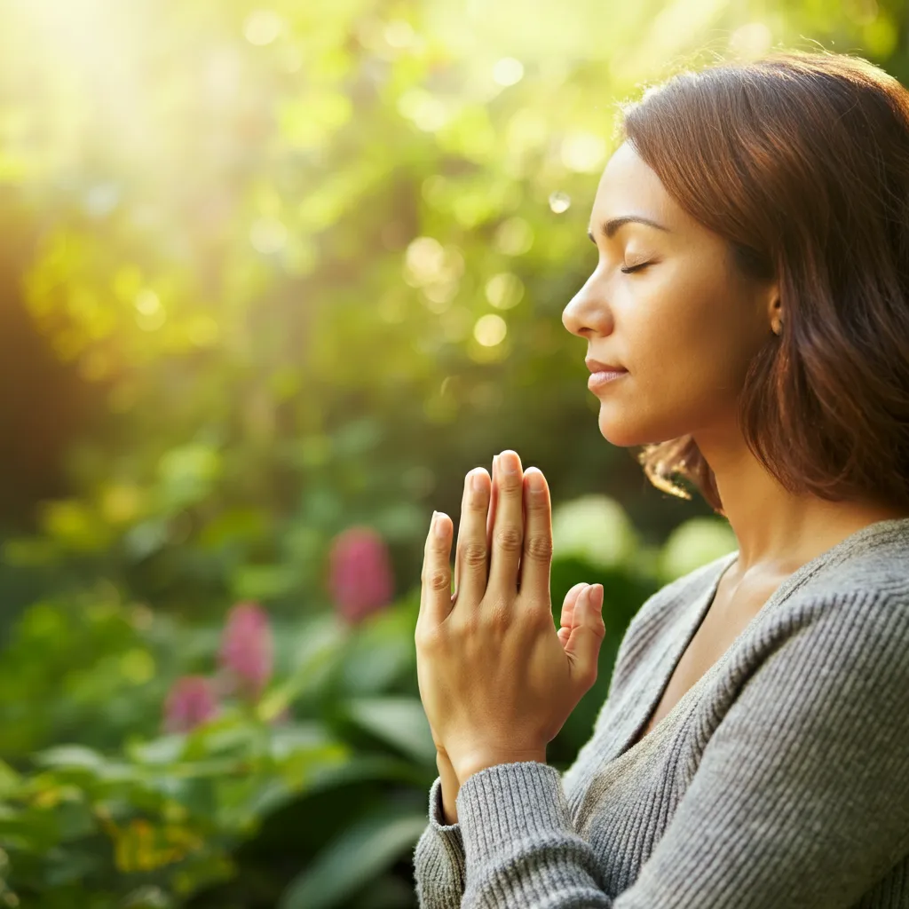 Person praying serenely, demonstrating the calming effects of prayer for anxiety, fear, and mental wellness.