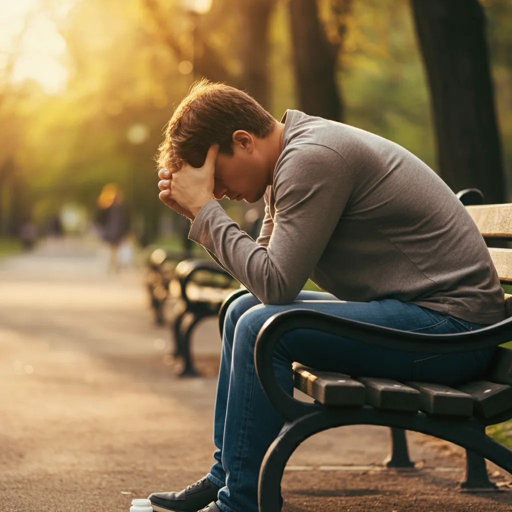 Person contemplating addiction recovery, representing the pre-contemplation stage of change.