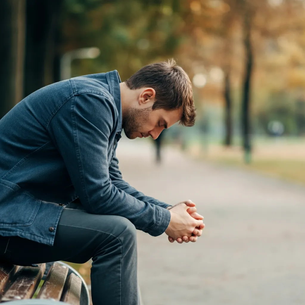 Person contemplating the need for change, representing the pre-contemplation stage of addiction recovery.