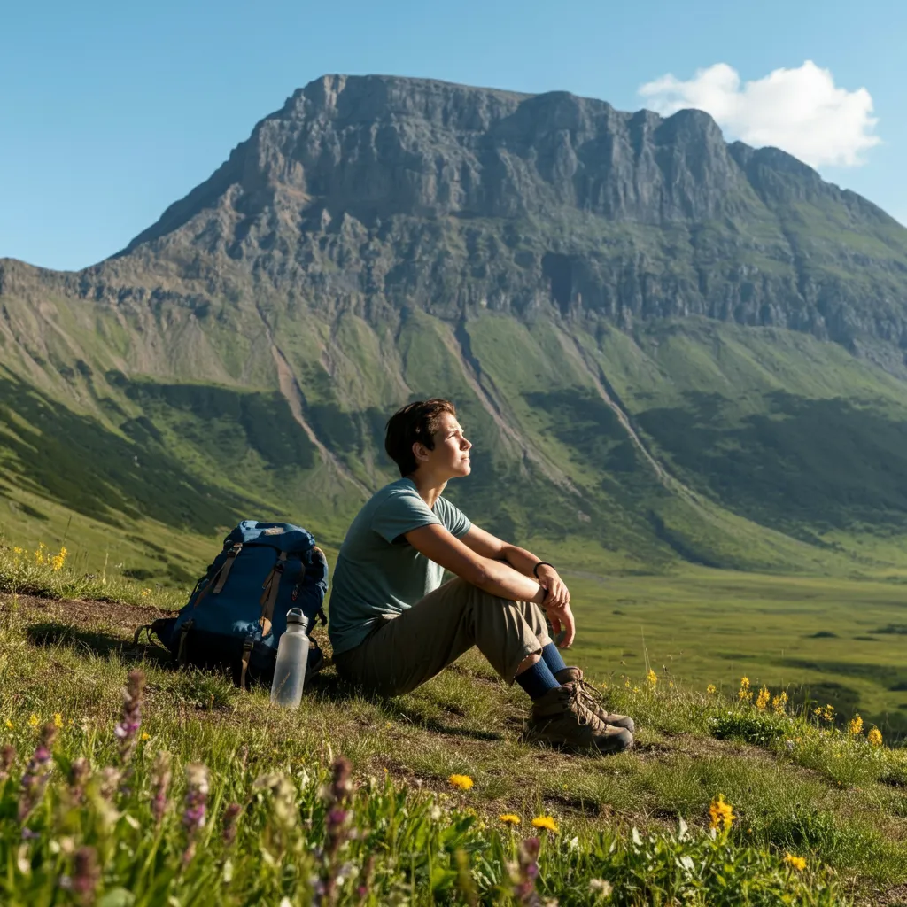 Precontemplation stage of change: A person stands at the base of a mountain, symbolizing the beginning of their journey to recovery.