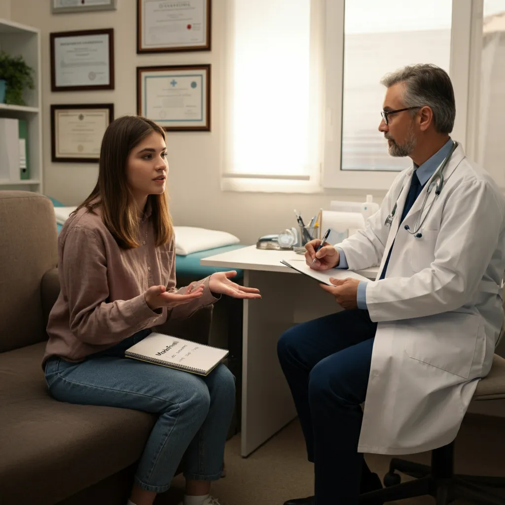 Person preparing notes and questions to discuss modafinil treatment for ADHD with their doctor.