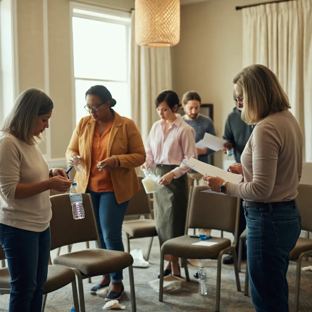 A group of people sitting in a circle, talking and supporting each other, symbolizing a critical incident stress debriefing session.