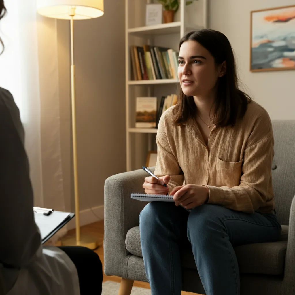 Person preparing notes for their first therapy session.