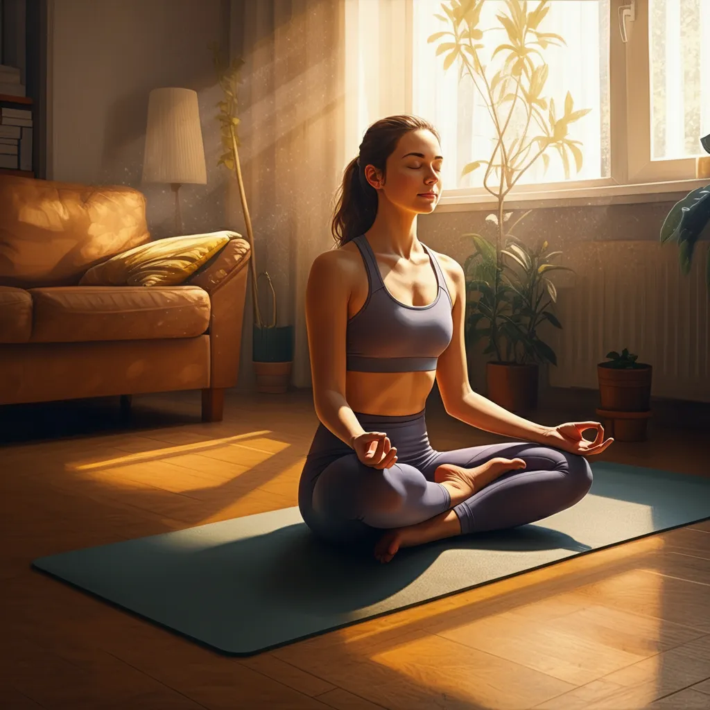 Serene person practicing mindfulness exercises for anxiety chill relief, surrounded by calming lifestyle elements, symbolizing a holistic approach to managing anxiety.