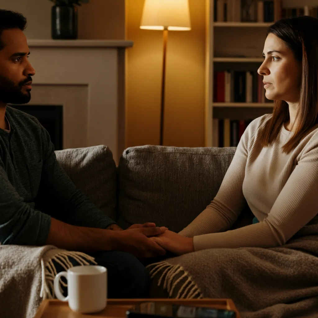 Couple communicating openly, symbolizing the importance of open communication and regular check-ins to prevent emotional infidelity and rebuild trust in a relationship.