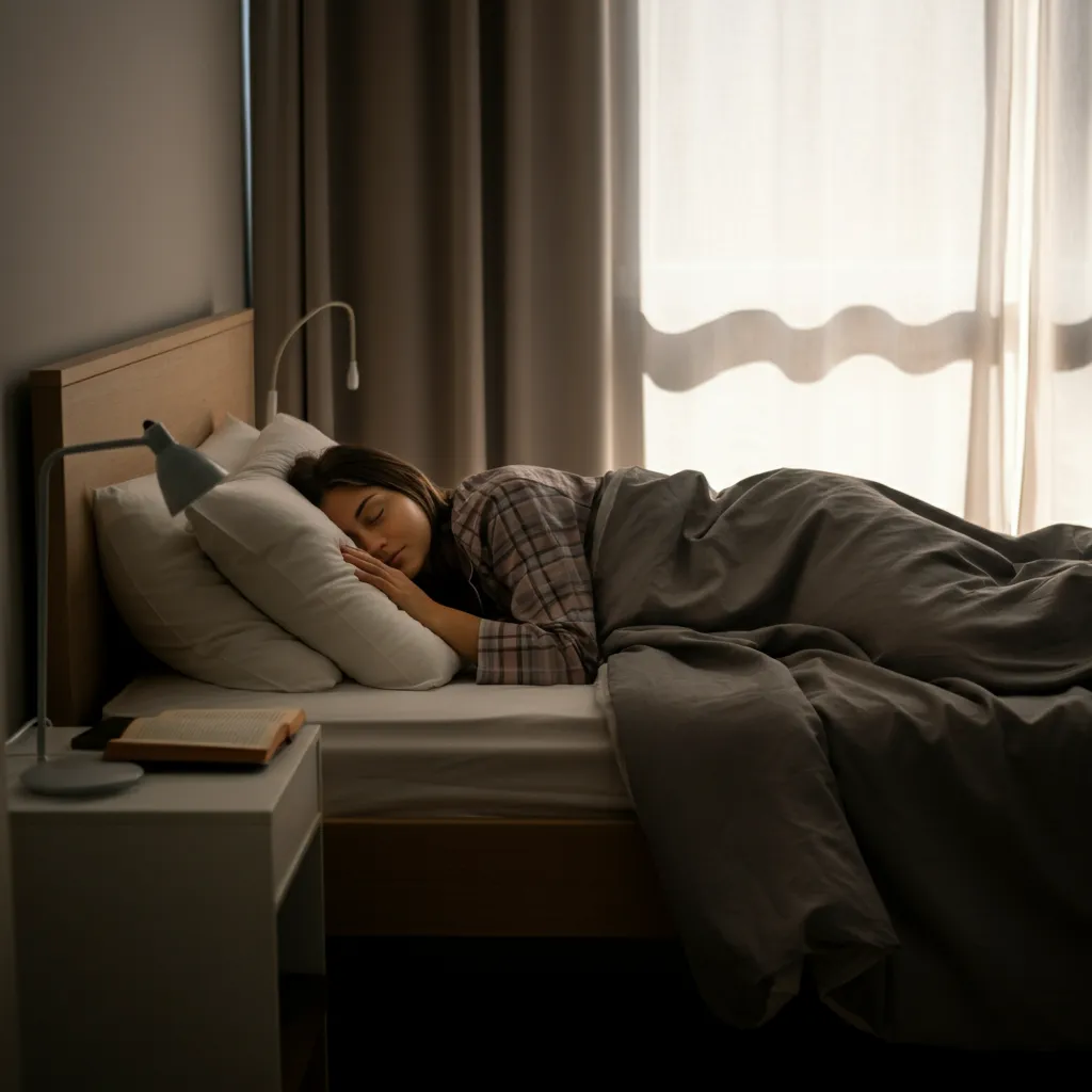 Person sleeping soundly in a dark room, illustrating the importance of sleep for mental well-being.