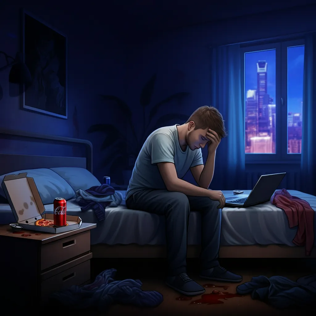 Illustration depicting the psychological impact of porn addiction, including emotional and cognitive symptoms like anxiety, depression, difficulty concentrating, and distorted views of sex and relationships.