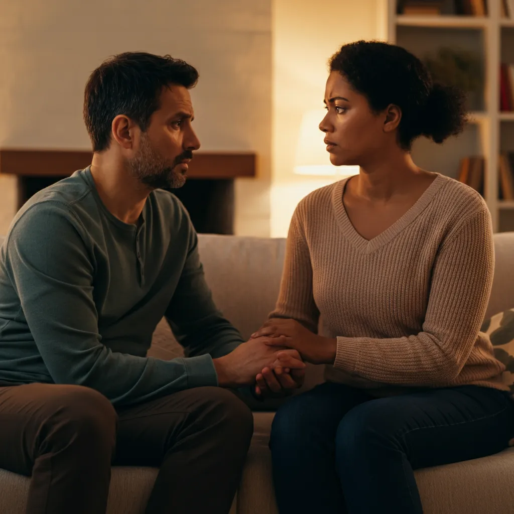 Couple rebuilding trust and connection after an emotional affair, demonstrating forgiveness and open communication.