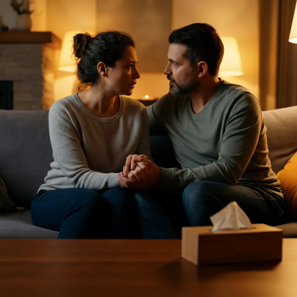 Couple rebuilding trust and reconnecting after an emotional affair, symbolizing healing and open communication in relationship recovery.