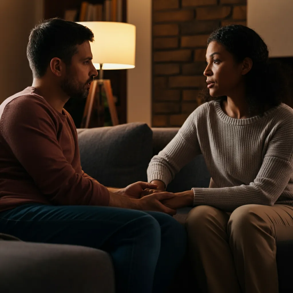 Couple rebuilding trust and reconnecting after an emotional affair, symbolizing healing and relationship repair.