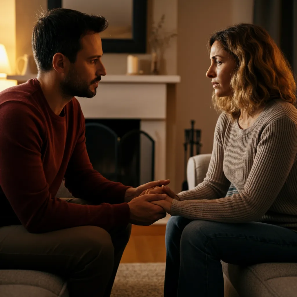 Couple in therapy session, working on rebuilding trust and communication after an emotional affair.