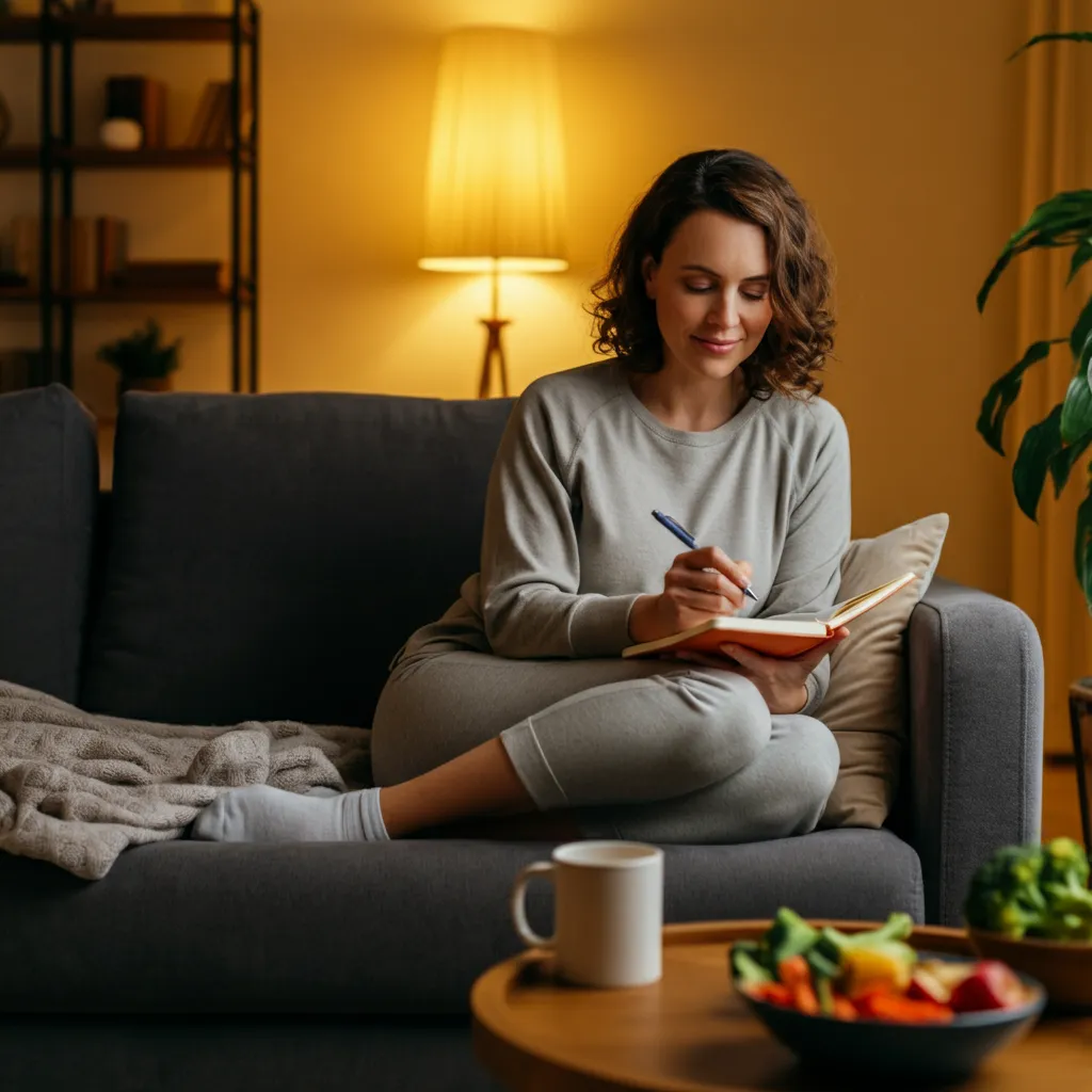 Person reflecting on their body's signals and triggers related to emotional eating and trauma.