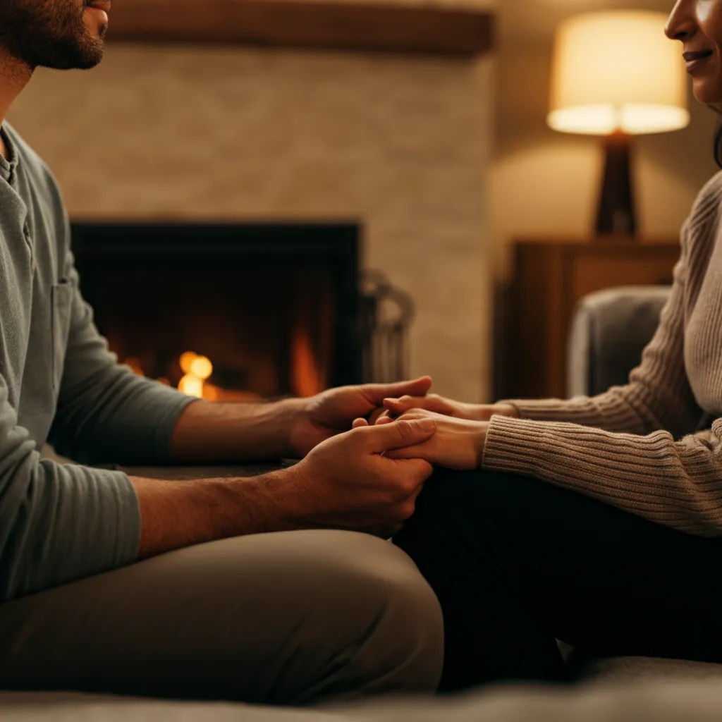 Couple rebuilding trust and recovering after an emotional affair, demonstrating open communication and seeking support from relationship counseling or therapy.