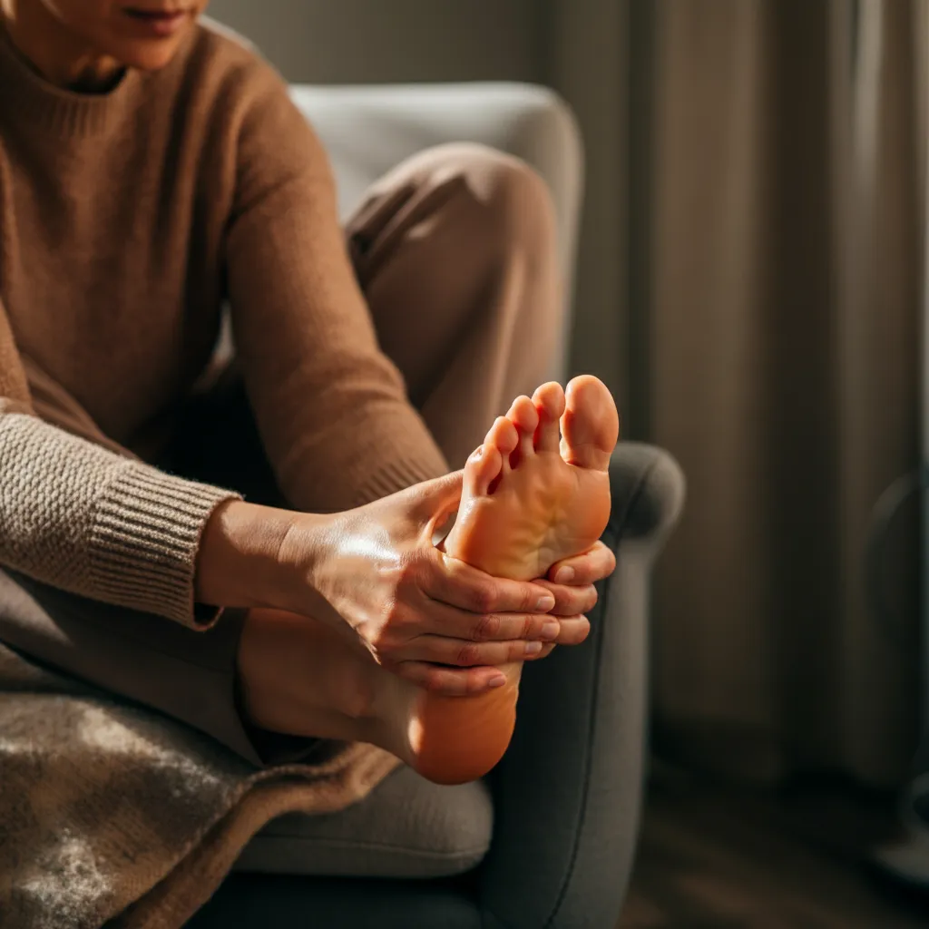 Diagram illustrating reflexology points on the feet for stress relief.