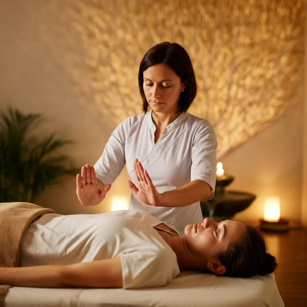 A calming image representing Reiki energy healing for anxiety relief and relaxation.  Reiki is a holistic wellness practice that may help manage stress and promote overall well-being.