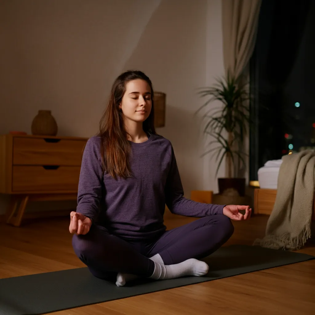 Person practicing various relaxation techniques, including deep breathing, progressive muscle relaxation, visualization, yoga, and Tai Chi.