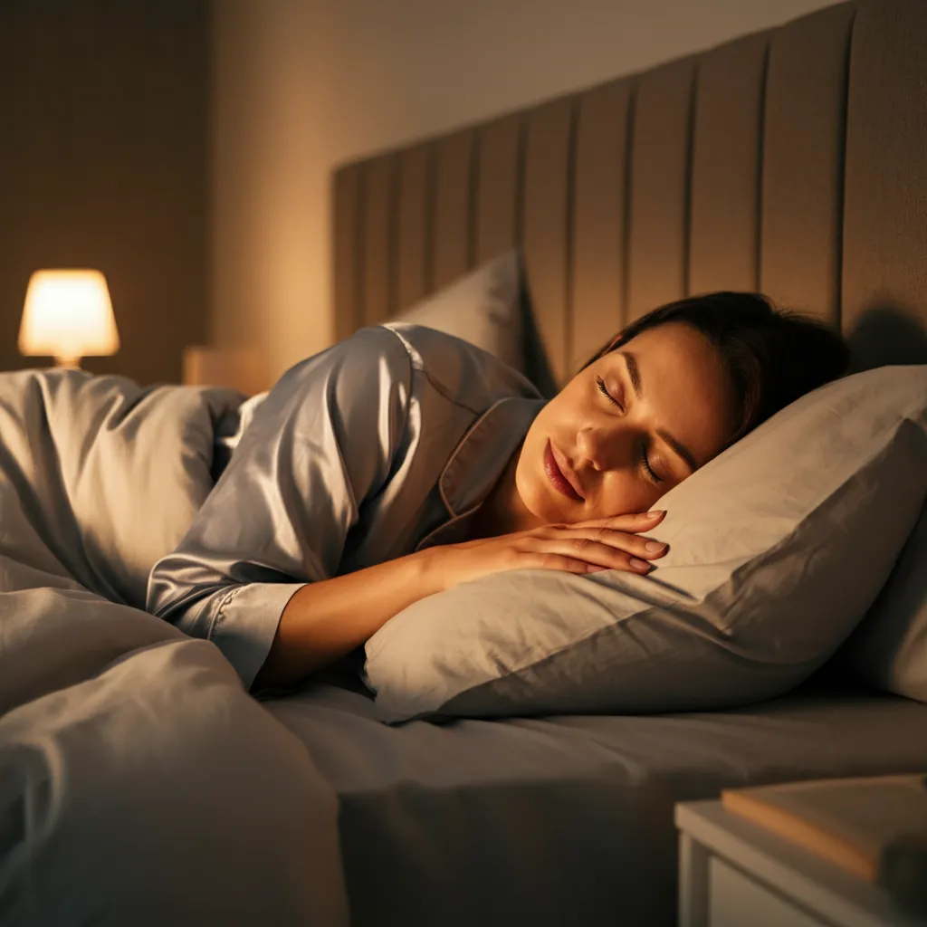 A serene bedroom setting with soft lighting and aromatherapy elements, illustrating a relaxing bedtime routine for facial tension relief.