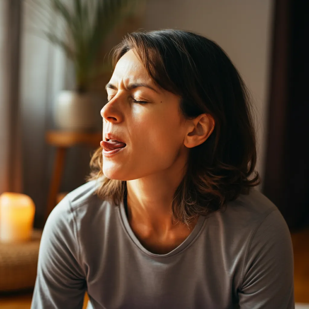 Person demonstrating facial exercises to relieve tension and stress.