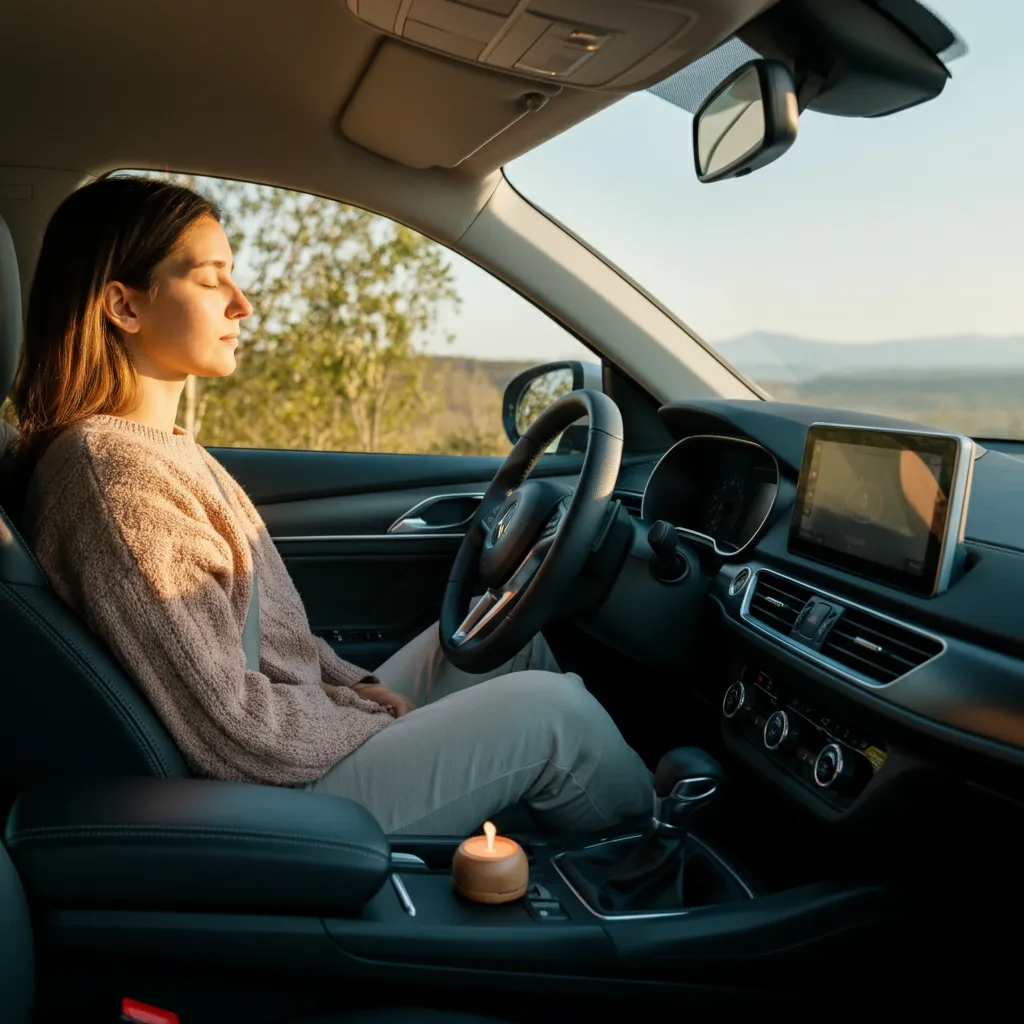 Person calmly driving a car, symbolizing managing anxiety while driving with preparation and mindfulness techniques.